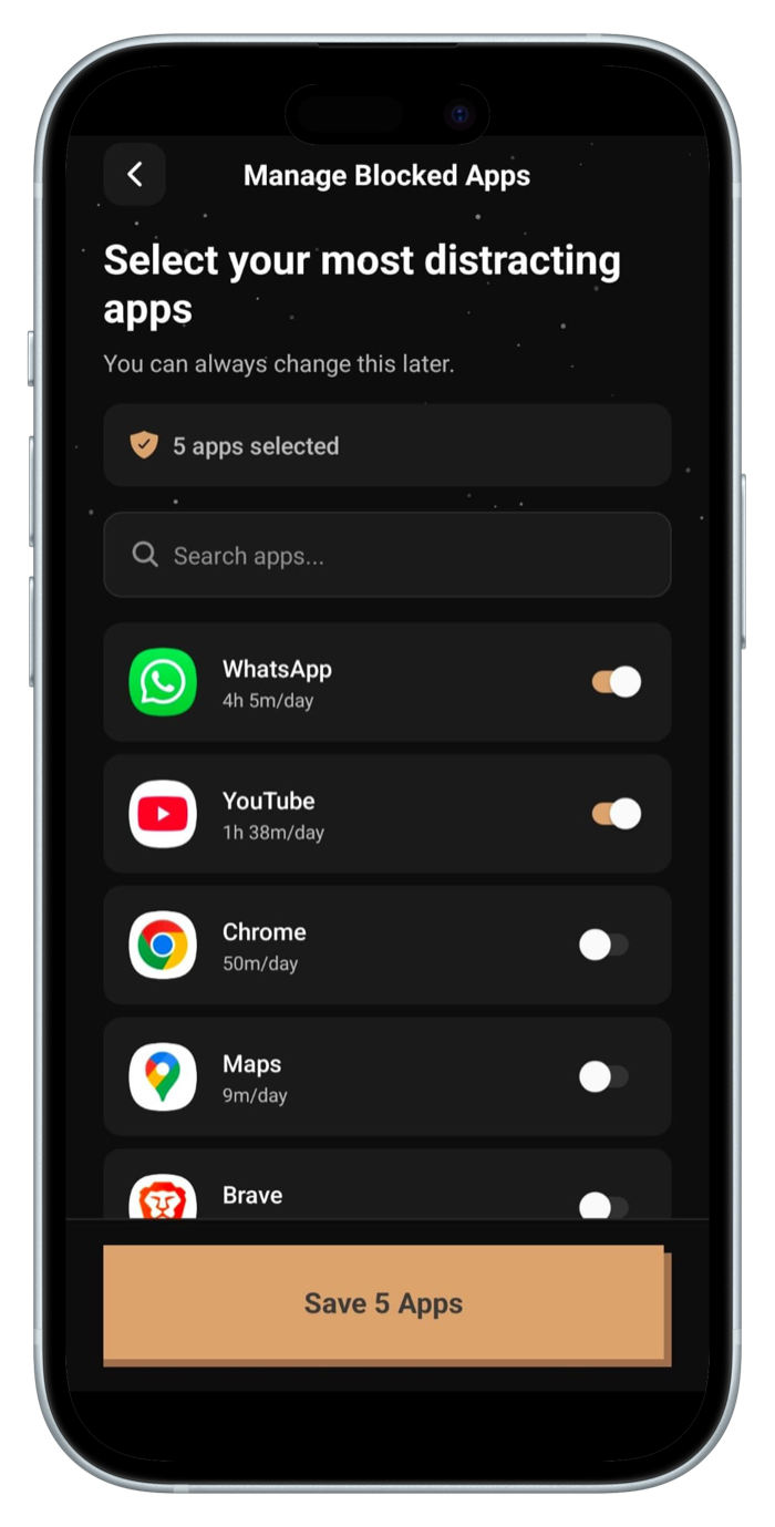 RepsForReels app selection screen — choose which distracting apps to block including WhatsApp, YouTube, and Chrome